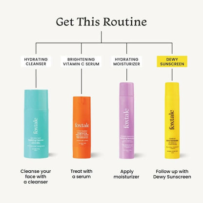 Foxtale Dewy Sunscreen SPF 70 PA++++ with Niacinamide, Vitamin E, and Provitamin B5, showing the sunscreen tube and packaging.