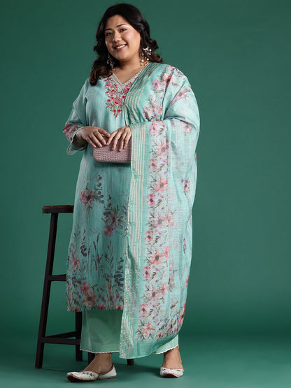 Indyancart Women's Plus Size Floral Print Regular Thread Work Kurta with Palazzos & Dupatta