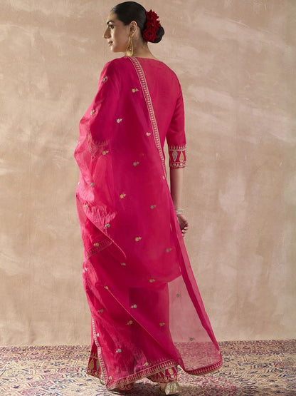 Ethnic Motifs Embroidered Round Neck Zari Kurta With Palazzos & Dupatta