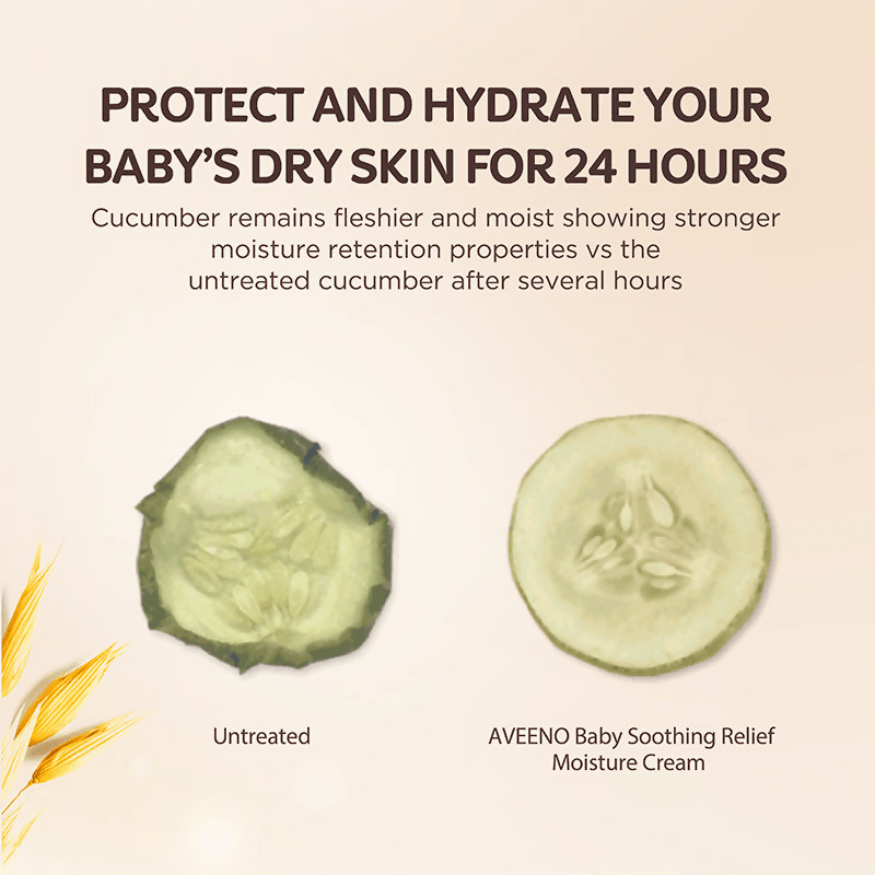 Aveeno Baby Soothing Relief Face & Body Moisture Cream with oatmeal for dry, sensitive skin on a baby's face and body.