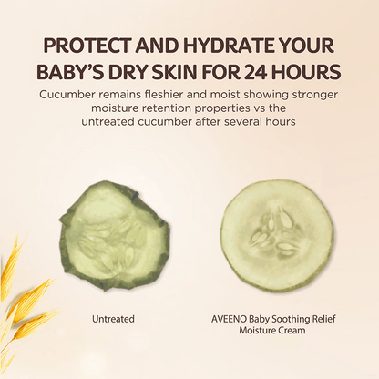 Aveeno Baby Soothing Relief Face & Body Moisture Cream with oatmeal for dry, sensitive skin on a baby's face and body.