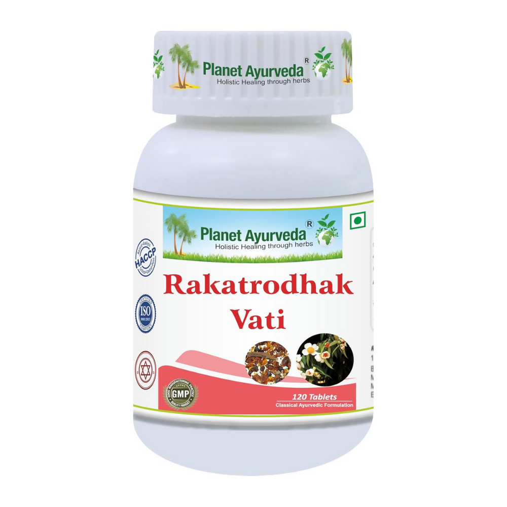 Ayurvedic Rakatrodhak Vati tablets from Planet Ayurveda, shown in a blister pack with traditional herbal ingredients.