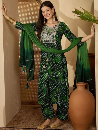 Indyancart SN Women's Bandhani Printed Round Neck Sequinned A-Line Kurta And Trousers With Dupatta