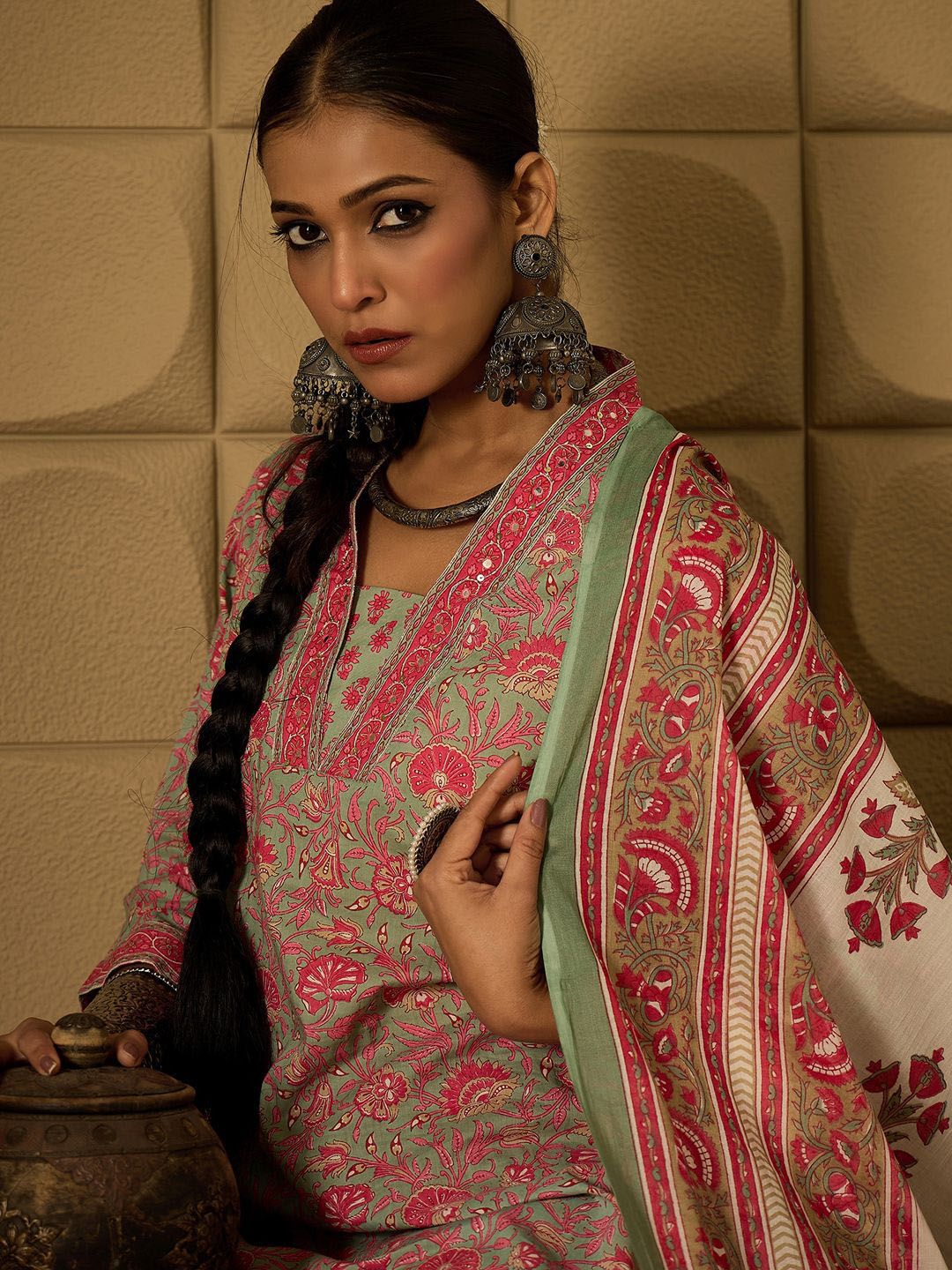 Indyancart IE Floral Printed Pure Cotton Straight Kurta with Salwar & Dupatta