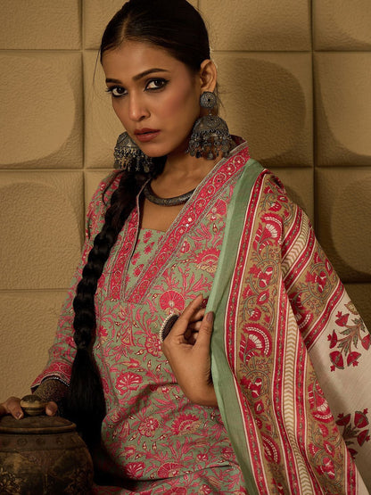 Indyancart IE Floral Printed Pure Cotton Straight Kurta with Salwar & Dupatta