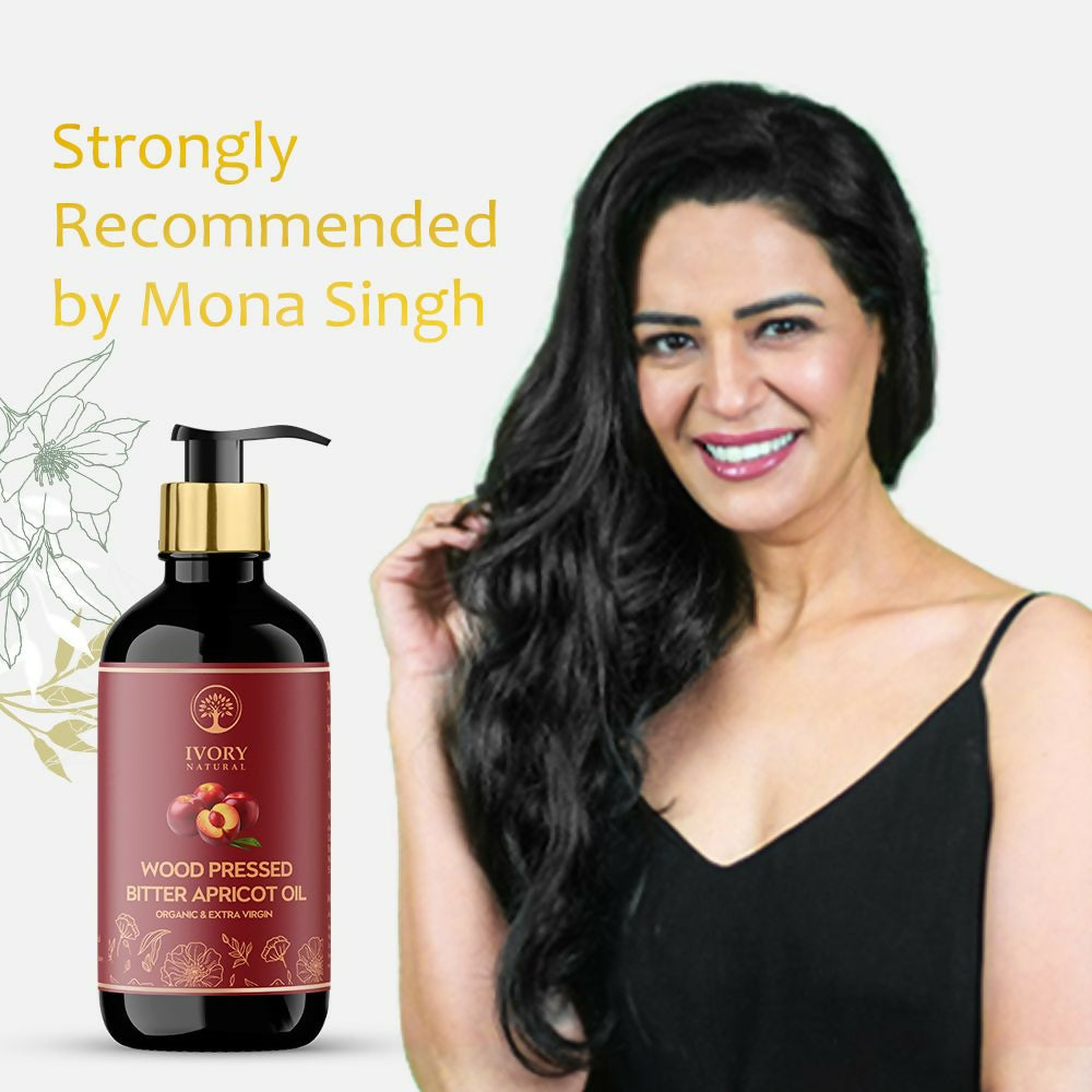 Ivory Natural pressed bitter apricot oil in a glass bottle, natural ivory-colored hair oil for deep moisturizing and gentle hydration