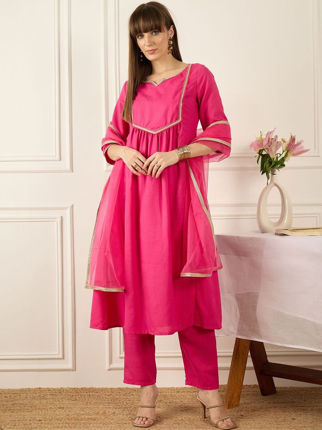 Yoke Design Notch Neck Regular A-Line Kurta With Trousers & Dupatta