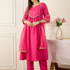 Indyancart IE Yoke Design Notch Neck Regular A-Line Kurta With Trousers & Dupatta