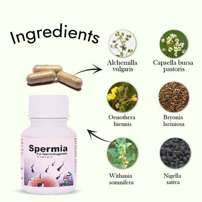 Hashmi Spermia Capsules, Unani herbal capsules for men's energy, vitality, and physical strength, shown in a bottle with capsules.