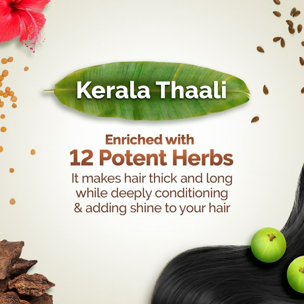Mamaearth Kerala Thaali Shampoo bottle with label, showcasing natural ingredients and eco-friendly packaging.