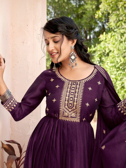 Dhiyona SN Women's Embroidered Round Neck Anarkali Kurta With Trouser & Dupatta