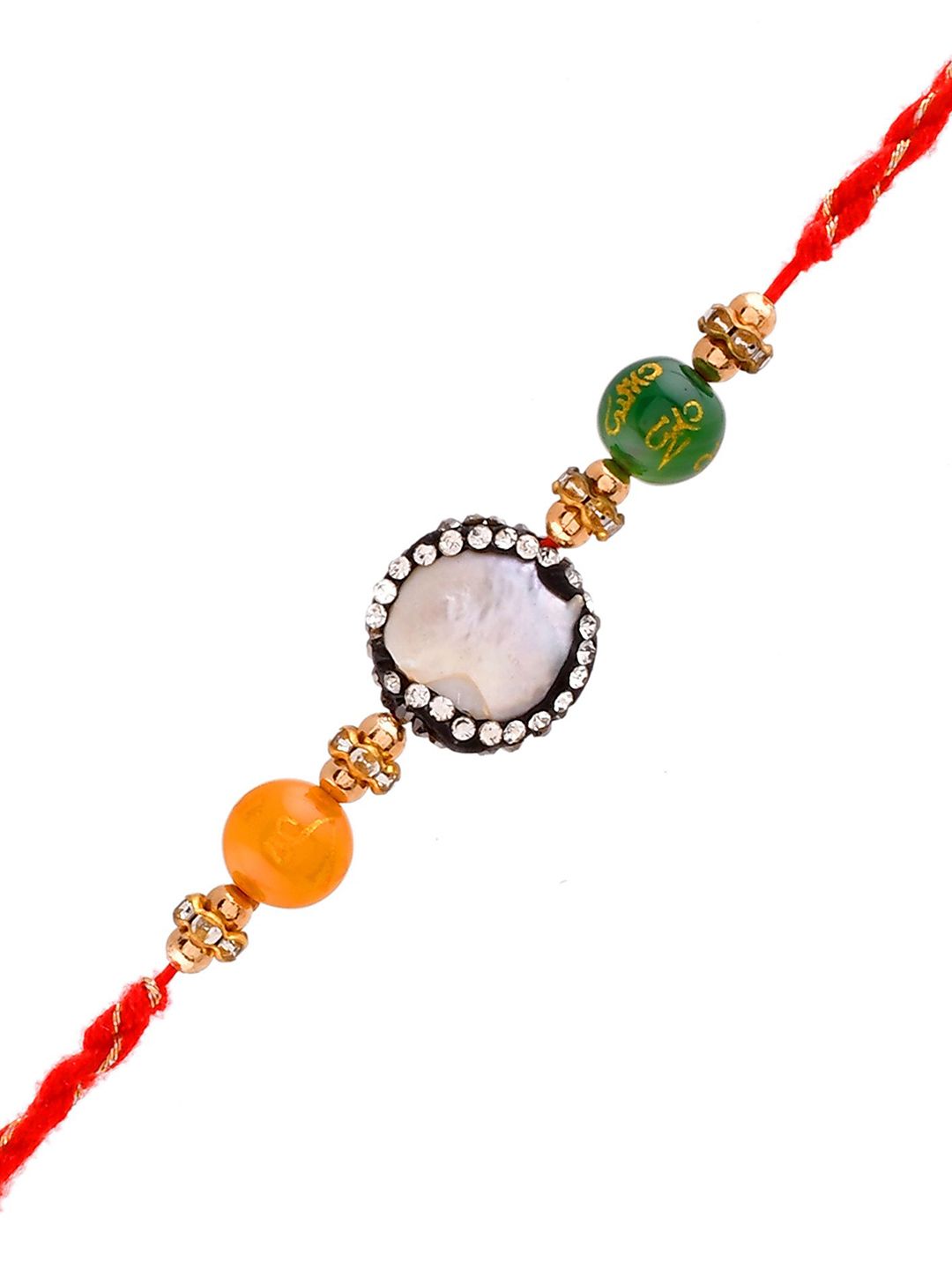 Anouk Orange Stone Studded & Beaded Thread Rakhi With Roli Chawal & Greeting Card