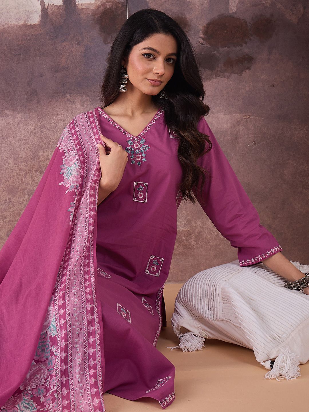 Ethnic Motifs Embroidered V-Neck Thread Work Cotton Kurta With Trousers & Dupatta