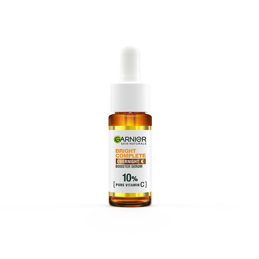 Garnier Bright Complete Vitamin C Night Serum in a small glass bottle, part of Garnier's night creams collection.