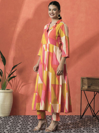 Indyancart SN Women's Colourblocked Shirt Collar A-Line Pure Cotton Kurta With Trousers