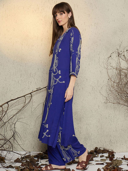 Women Printed Regular Beads and Stones Kurta with Trousers