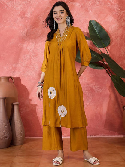 Dhiyona SN Women's Floral Embroidered V-Neck Mirror Work A-Line Kurta With Palazzo