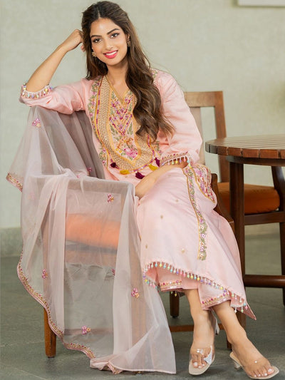 Indyancart IE Women Ethnic Motifs Embroidered Regular Thread Work Kurta with Trousers & With Dupatta