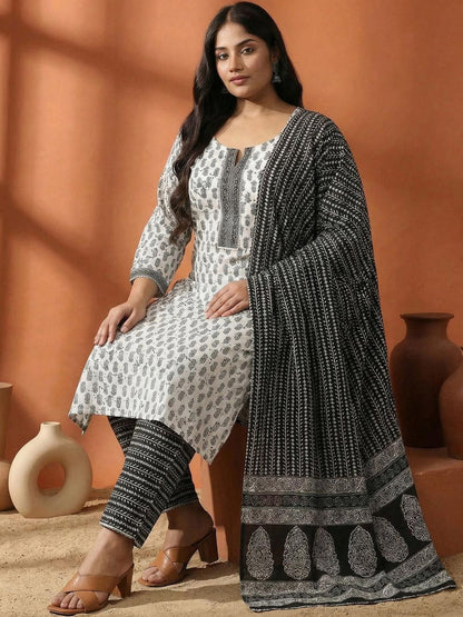 Indyancart Women's Ethnic Motifs Printed Regular Pure Cotton Kurta with Trousers & With Dupatta