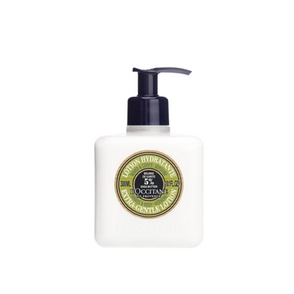 L'Occitane Shea Butter Verbena Body Lotion for dry to very dry skin, featuring a pump bottle with fresh herbal scent.