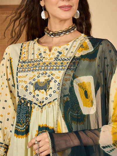 Indyancart SN Women's Bandhani Printed Cotton A-Line Kurta with Trousers & Dupatta