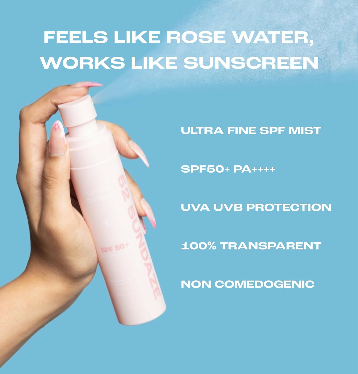 52 Sundaze Rosewater Sunscreen Mist SPF 50+ PA++++ spray bottle with clear glow formula for sun protection and hydration.