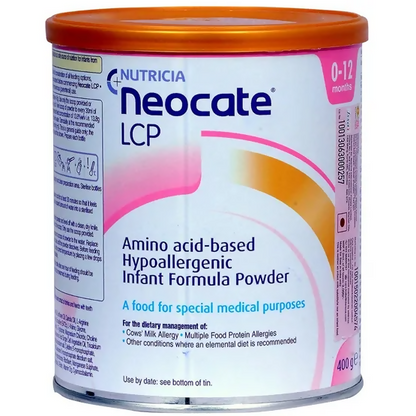 Nutricia Neocate LCP infant formula powder for babies 0-12 months, showing a container of baby nutritional powder with label.