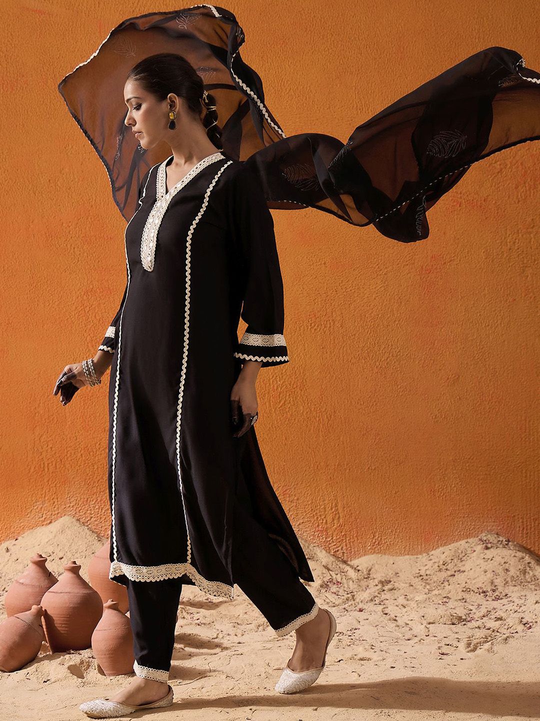 Dhiyona IE Ethnic Motifs Embroidered Mirror Work Straight Kurta With Trousers & Dupatta