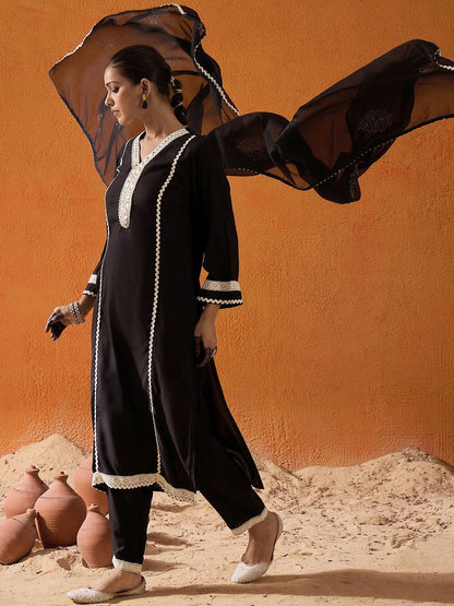Dhiyona IE Ethnic Motifs Embroidered Mirror Work Straight Kurta With Trousers & Dupatta