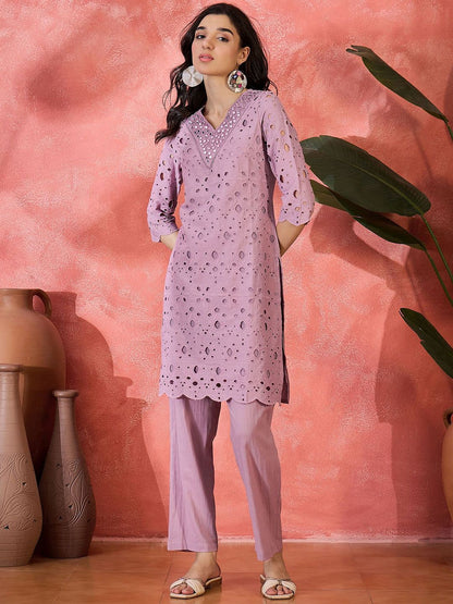 Indyancart SN Women's Geometric Embroidered Mirror Work Pure Cotton Straight Kurta With Trousers
