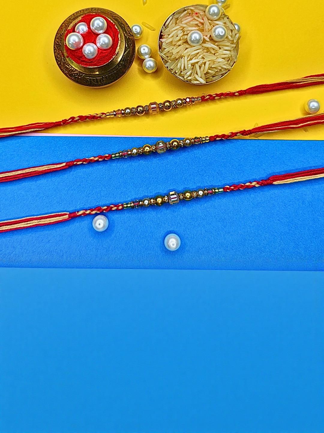 Anouk Set Of 3 Beaded Cotton Thread with AD Stones & Meenakari Designer Rakhi for Brother