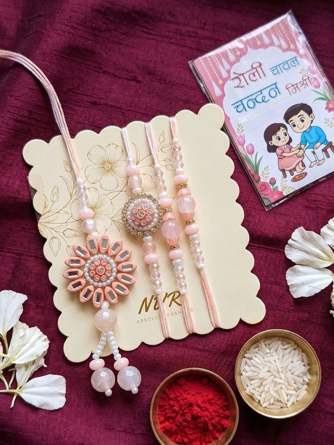 Anouk Set Of 4 Beaded Family Pack Thread Rakhi With Roli Chawal Chandan Mishri