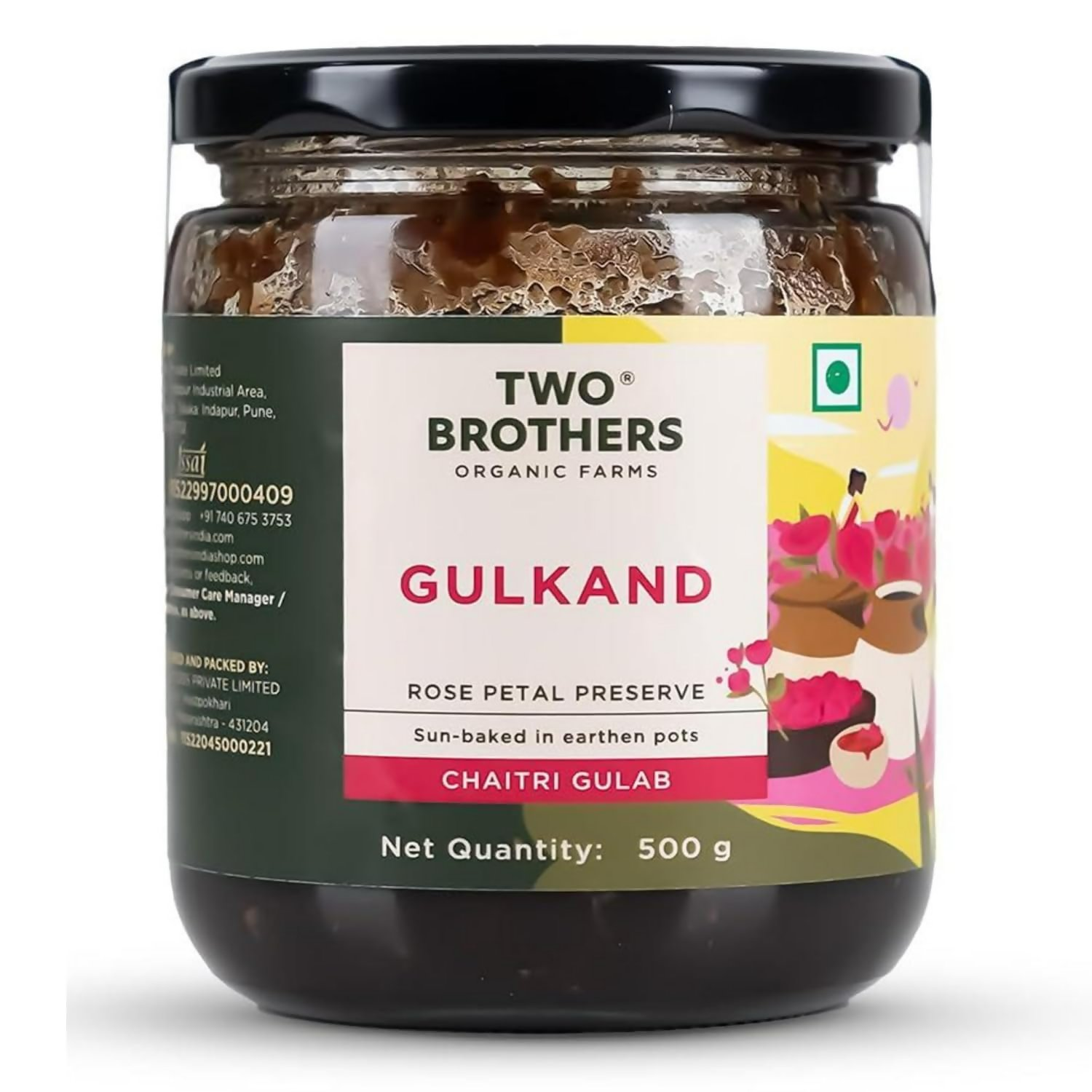 Two Brothers Organic Farms natural Gulkand jar with spreadable texture, showcasing its rich rose petal and sugar blend in a glass container.