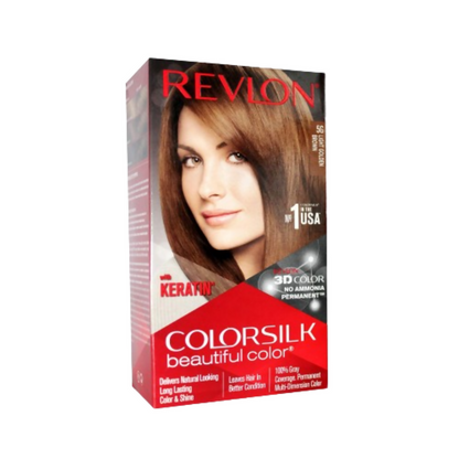 Revlon ColorSilk Beautiful Color light golden brown hair dye box with hair swatch showing the color shade