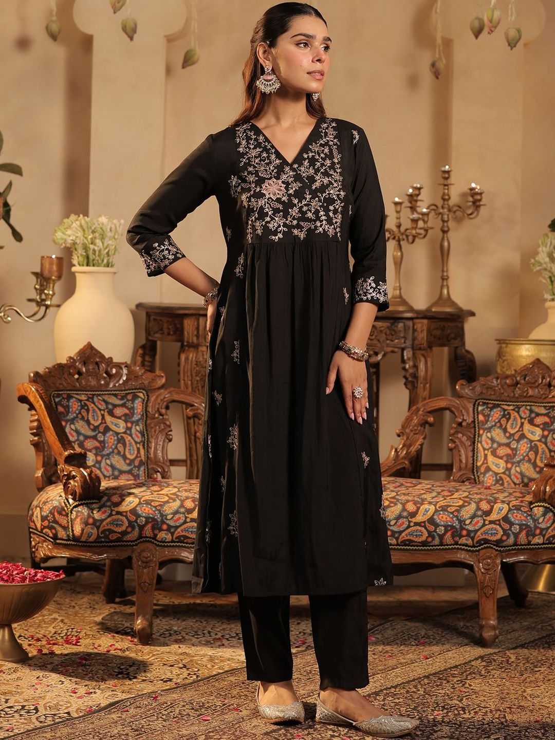 Floral Embroidered Pleated V-Neck Thread Work A-Line Kurta with Trousers