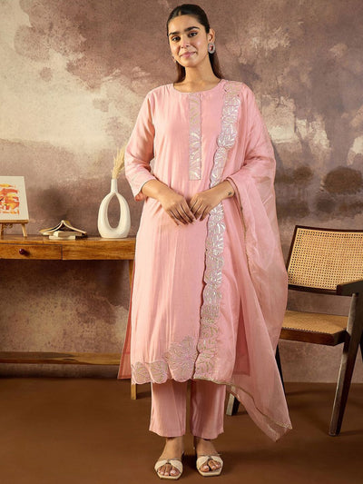 Indyancart IE Women Solid Embroidered Kurta with Trousers & Dupatta