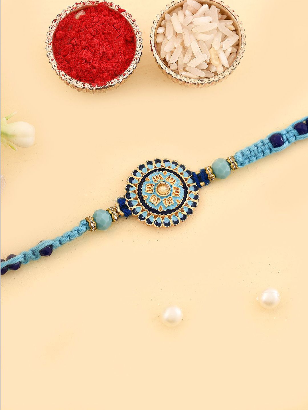Anouk Enameled Beaded Thread Rakhi With Roli Chawal & Greetings Card