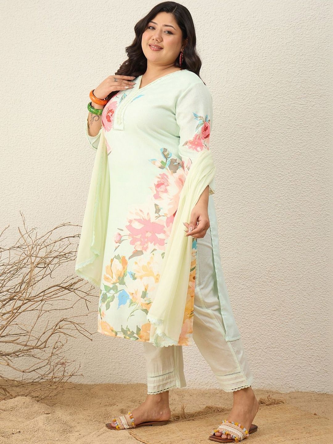 Indyancart Women's Floral Printed Regular Kurta with Trousers & With Dupatta