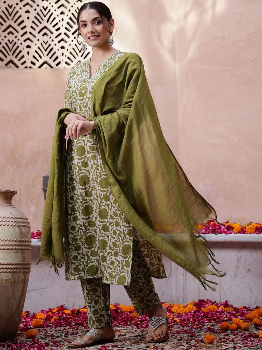 Indyancart SN Women's Floral Printed Thread Work Pure Cotton Kurta with Trouser & Dupatta