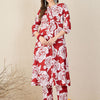 Dhiyona IE Floral Printed Pleated Mandarin Collar Pure Cotton A-Line Kurta with Trousers