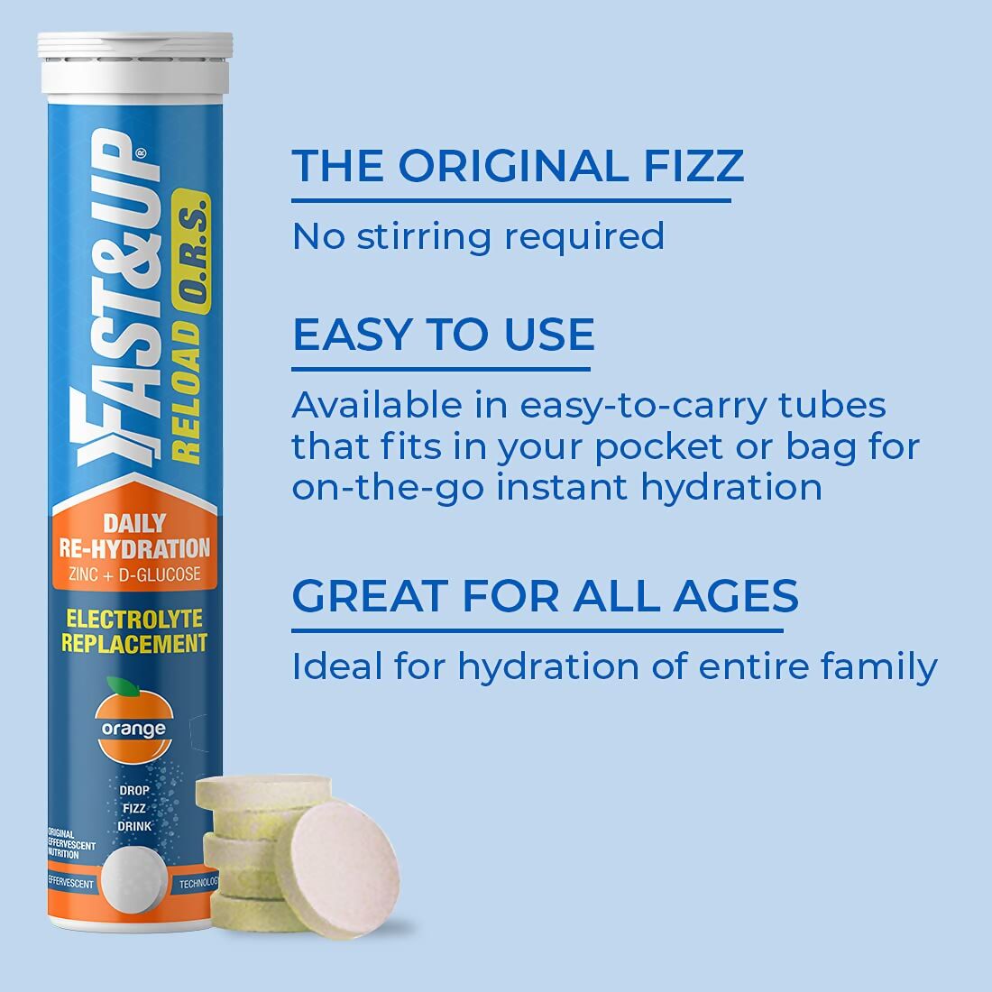 Fast&Up Reload O.R.S effervescent electrolyte tablets in orange, showcasing vibrant tablets with citrus flavor packaging.