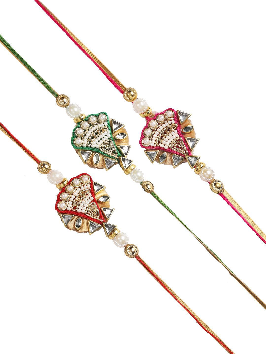 Anouk Red Set Of 3 Beaded & Embellished Thread Rakhi With Roli Chawal & Greeting Card