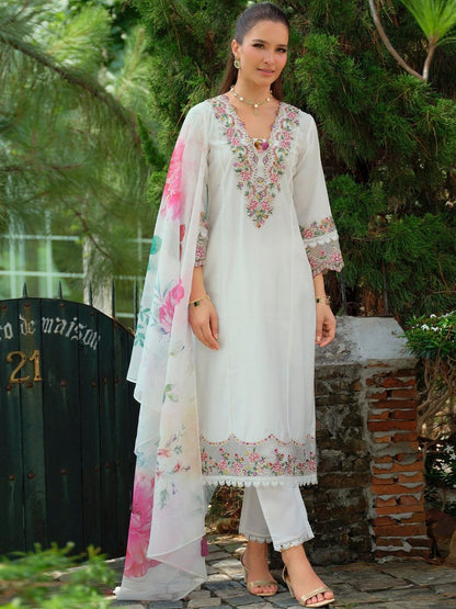 Floral Yoke Design Notch Neck Thread Work A-Line Kurta & Dupatta with Trousers