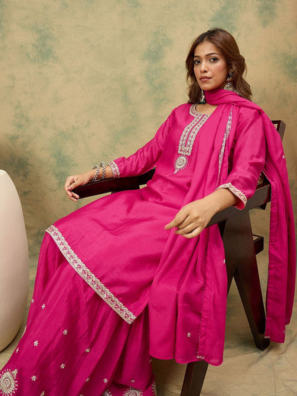 Indyancart VA Women Ethnic Motifs Yoke Design Regular Kurta With Sharara & Dupatta