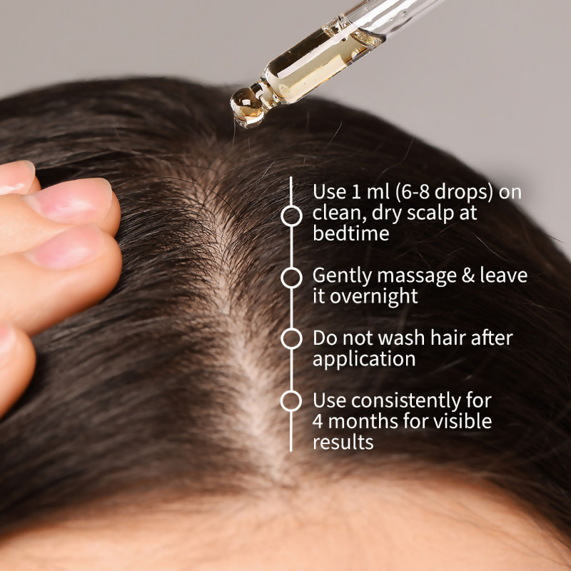 Oziva Advanced Hair Growth Serum bottle next to a plant, designed to rebalance scalp microbiome and promote healthy hair growth.