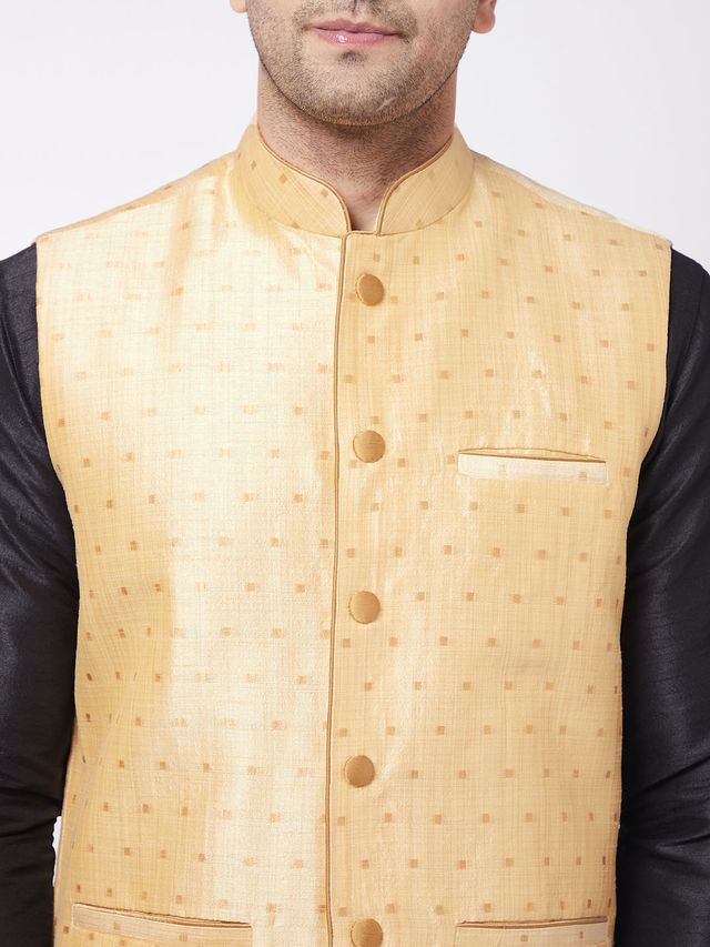 Men's Black Silk Blend Straight Jacket  Kurta and Dhoti Set