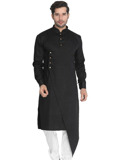 Men's Black Cotton Cotton Satin Asymmetric Kurta Pyjama Set