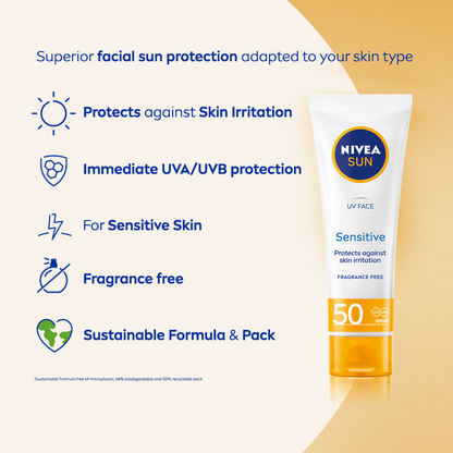 Nivea Sun Sensitive Skin SPF 50 sunscreen tube with blue cap and label, suitable for sensitive skin protection.