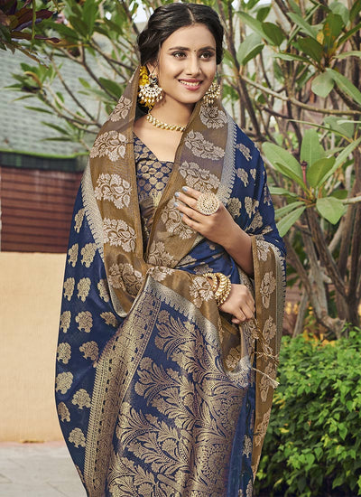 Indyancart GR Women's Yashomati Indigo Blue Zari Woven Design Chanderi Cotton Saree