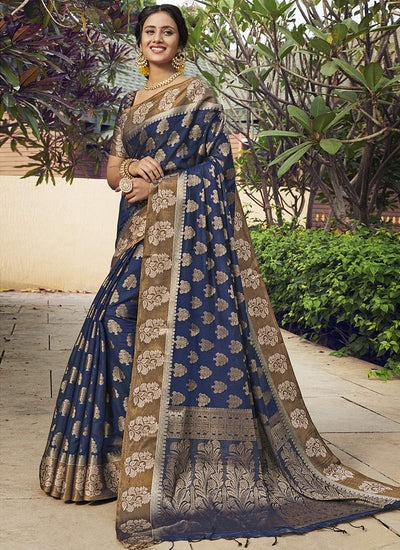 Indyancart GR Women's Yashomati Indigo Blue Zari Woven Design Chanderi Cotton Saree